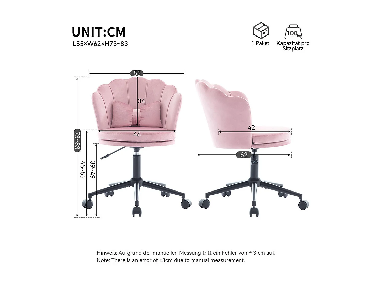 Chaise de bureau en forme de pétale coussin lombaire en forme de papillon réglable en hauteur coussin d'assise moelleux rose