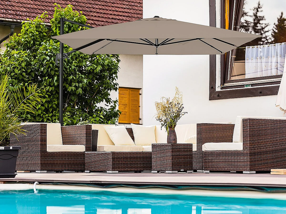 Parasol jardin déporté en aluminium "Sky 4" - 3 x 4 m - Taupe - Avec Housse de protection