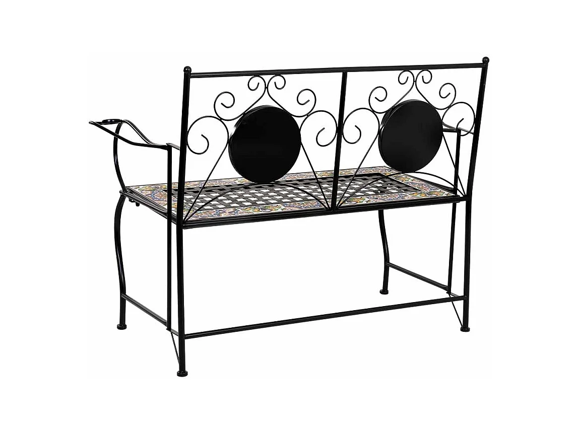 Banc en mosaïque noire et fer forgé 110x50x88h cm