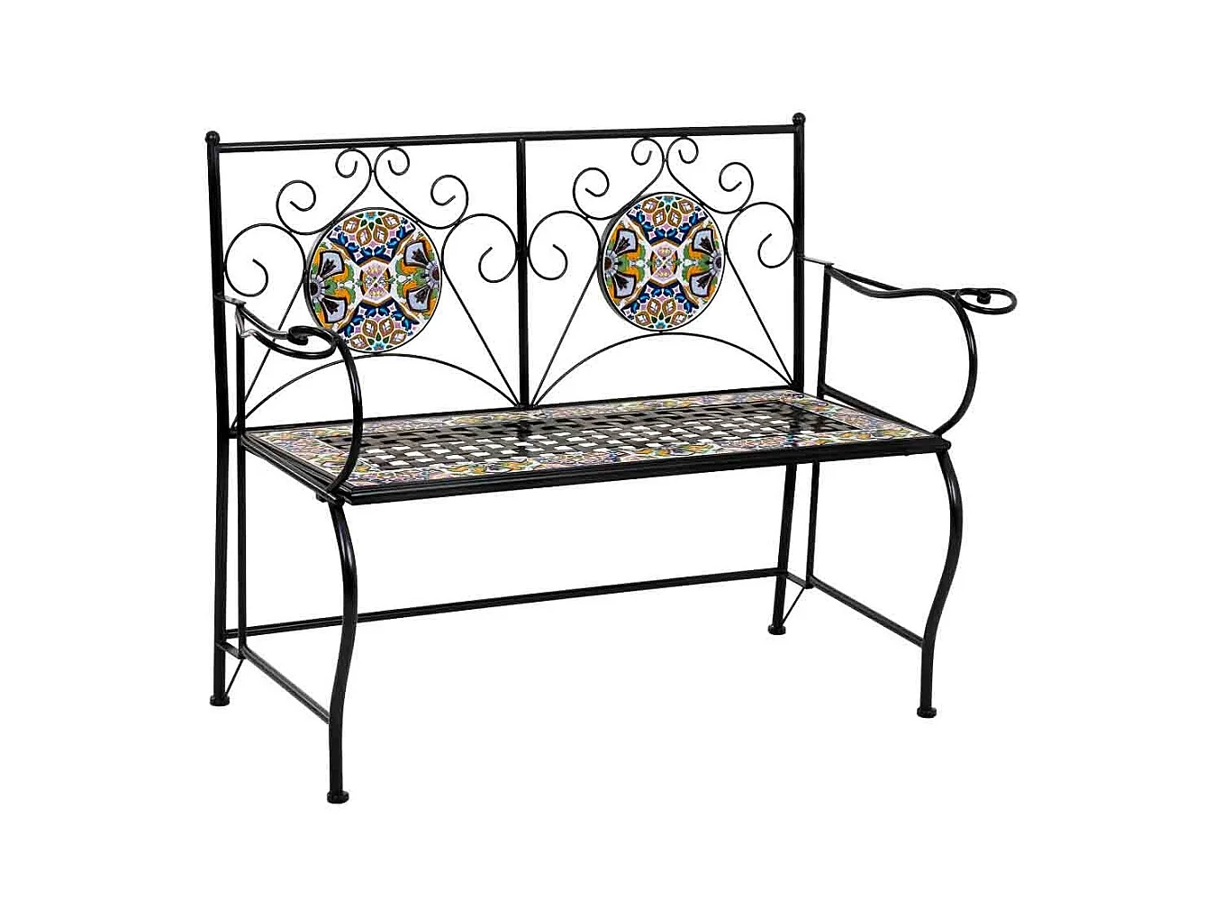 Banc en mosaïque noire et fer forgé 110x50x88h cm