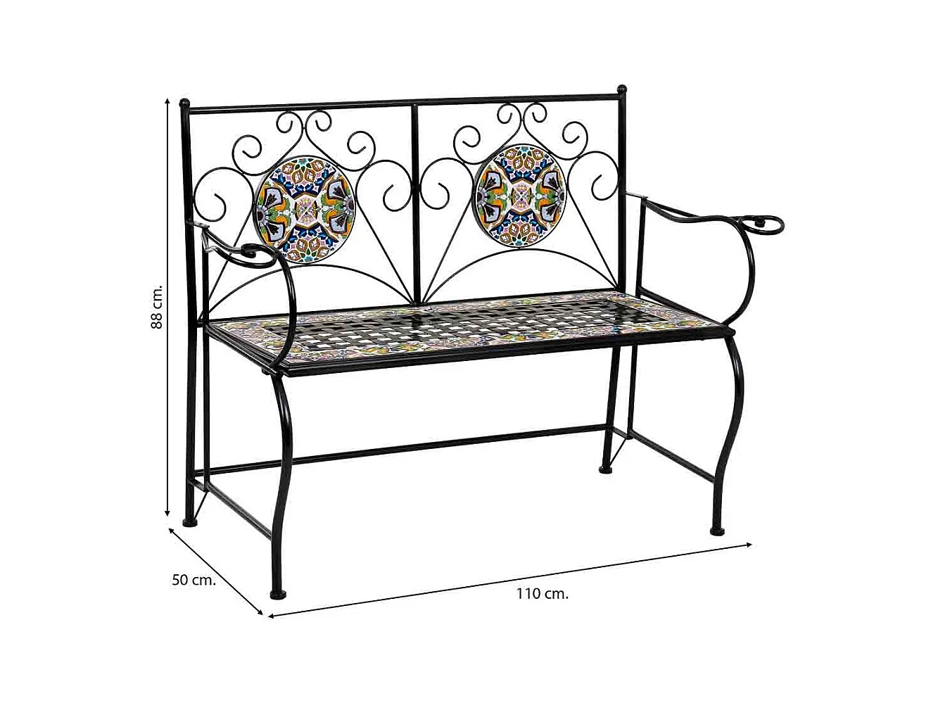 Banc en mosaïque noire et fer forgé 110x50x88h cm