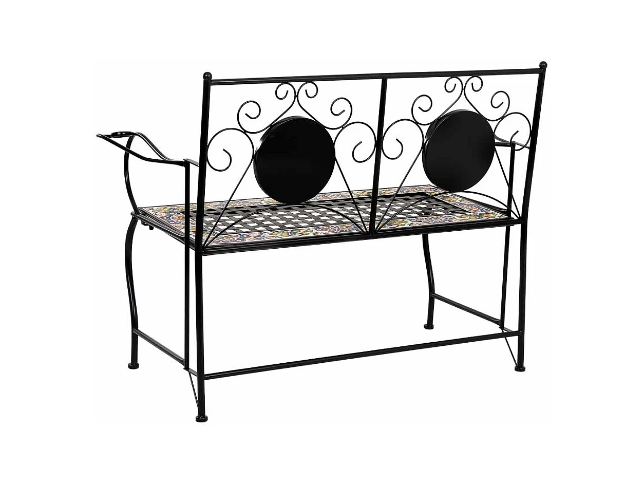 Banc en mosaïque noire et fer forgé 110x50x88h cm