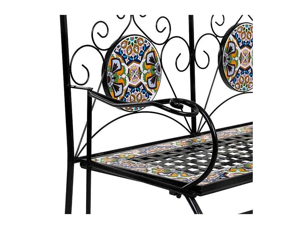 Banc en mosaïque noire et fer forgé 110x50x88h cm