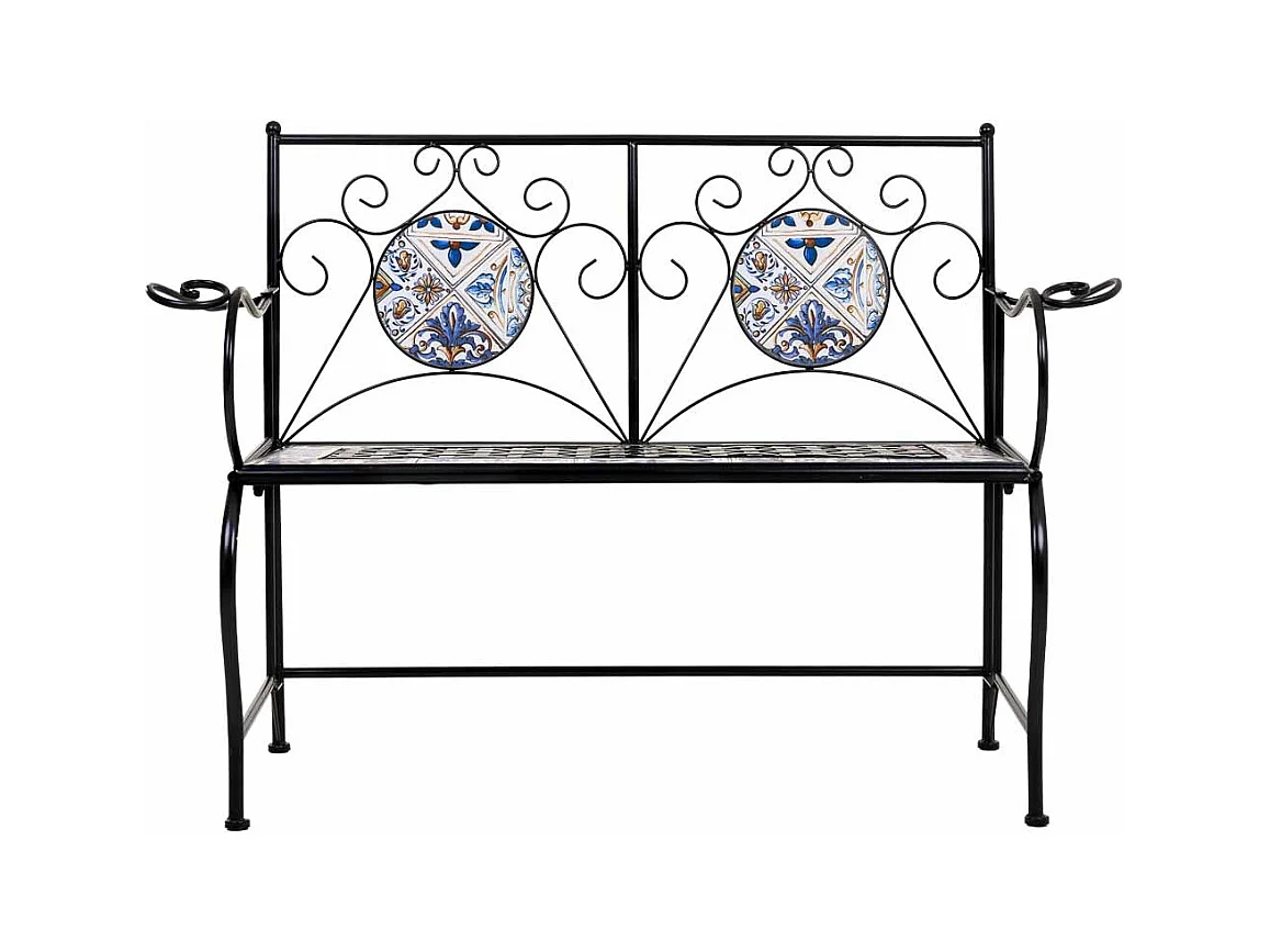 Banc en mosaïque noire et fer forgé 110x50x88h cm