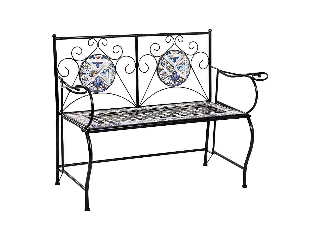 Banc en mosaïque noire et fer forgé 110x50x88h cm