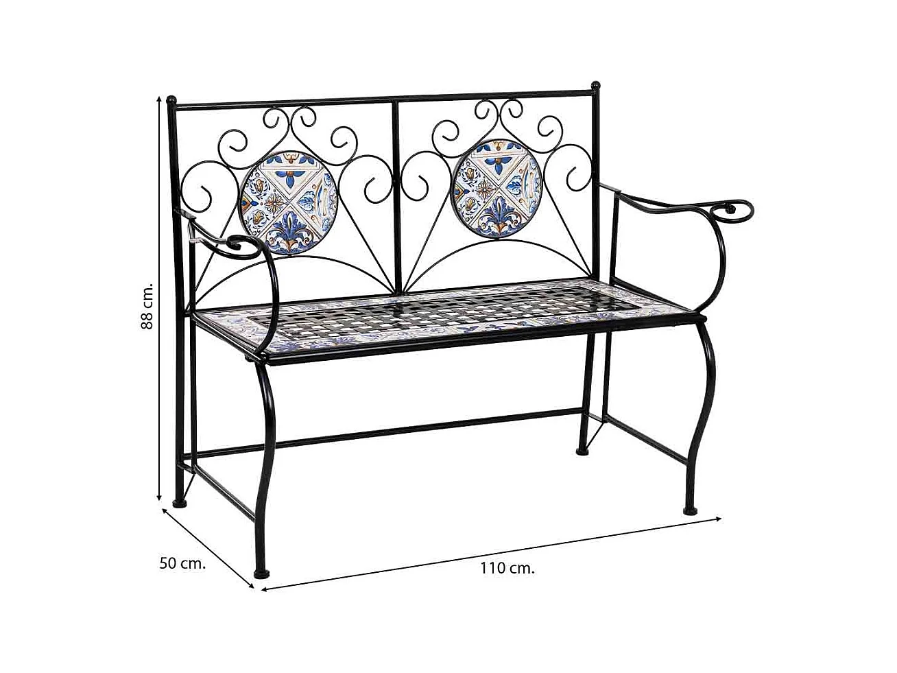 Banc en mosaïque noire et fer forgé 110x50x88h cm