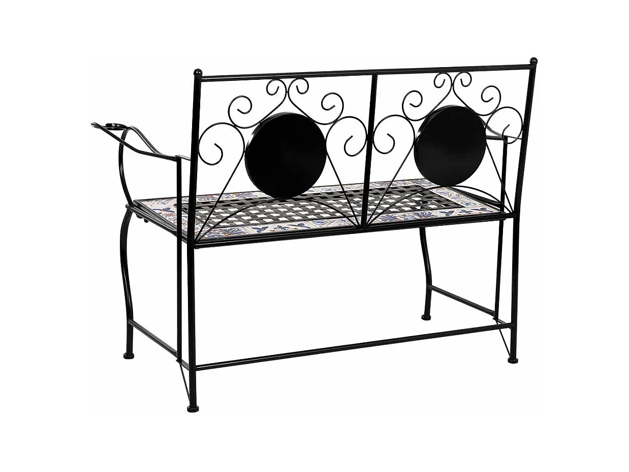 Banc en mosaïque noire et fer forgé 110x50x88h cm