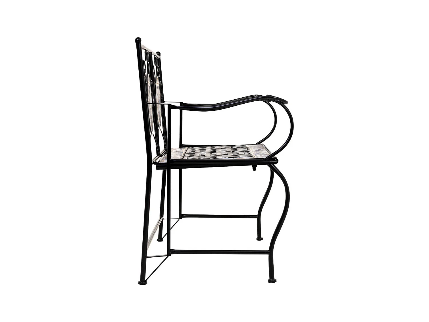 Banc en mosaïque noire et fer forgé 110x50x88h cm