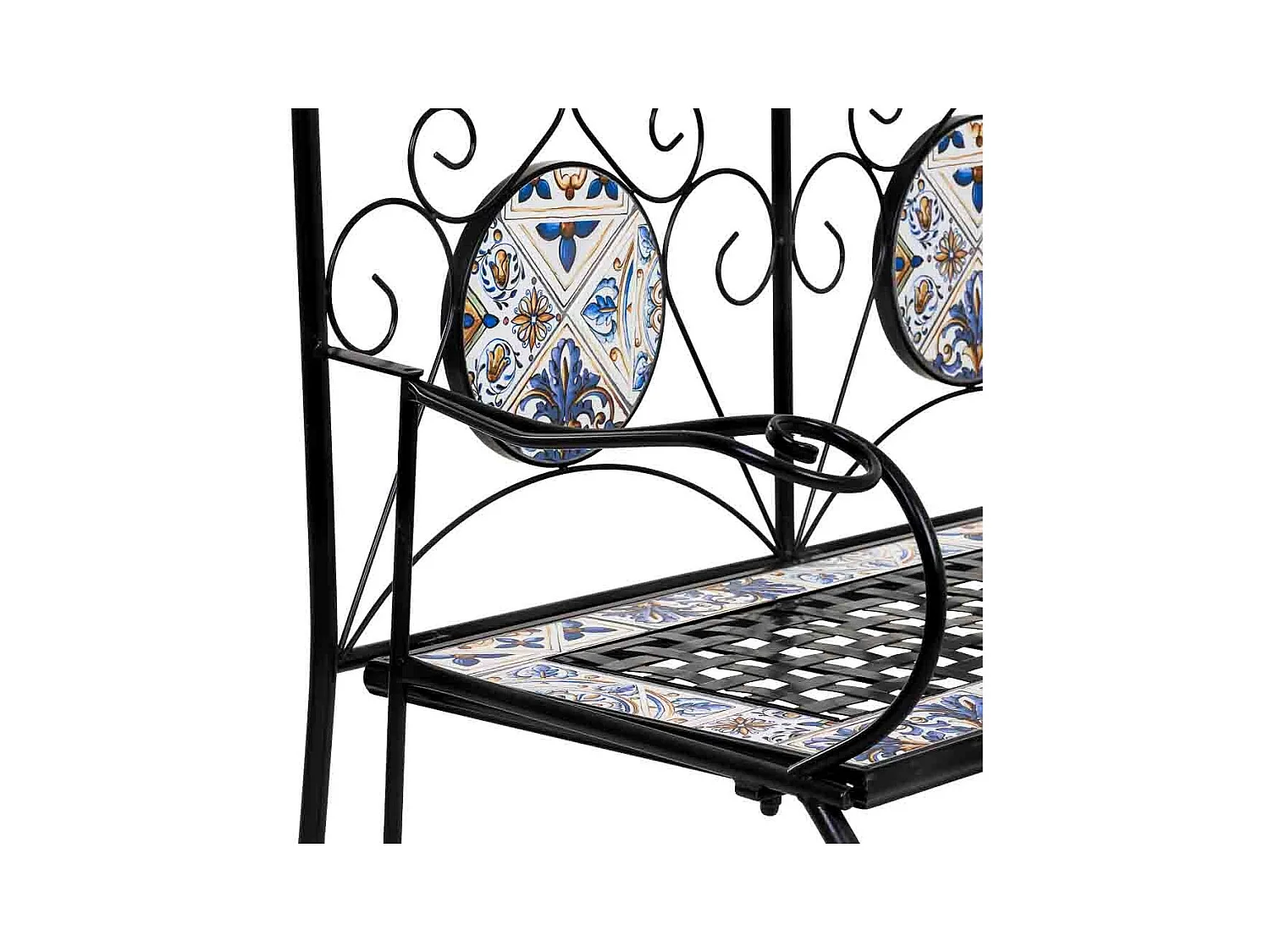 Banc en mosaïque noire et fer forgé 110x50x88h cm