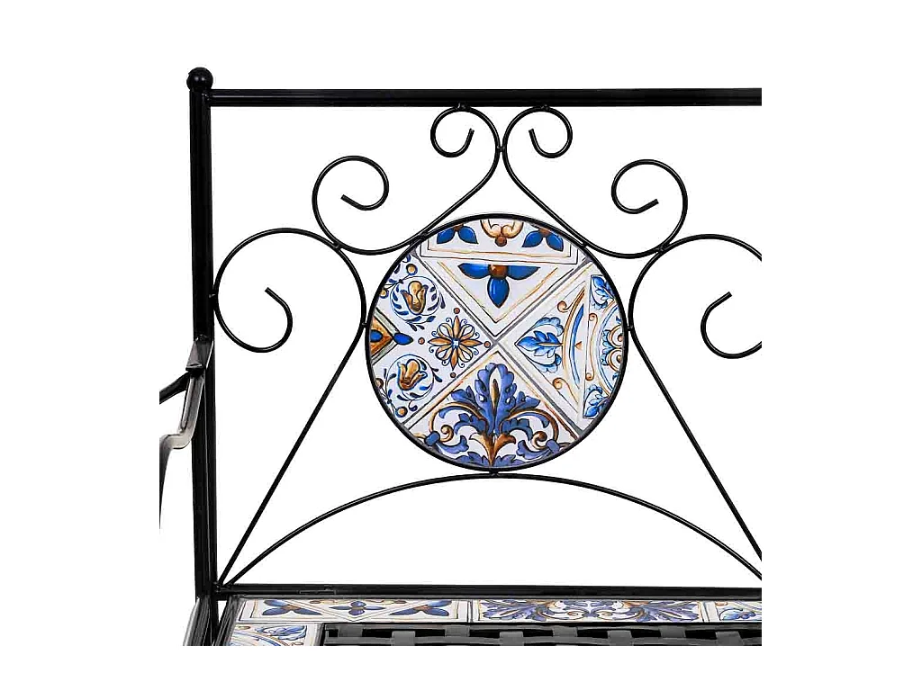 Banc en mosaïque noire et fer forgé 110x50x88h cm