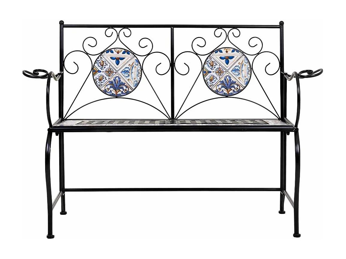 Banco em mosaico preto e ferro forjado 110x50x88h cm