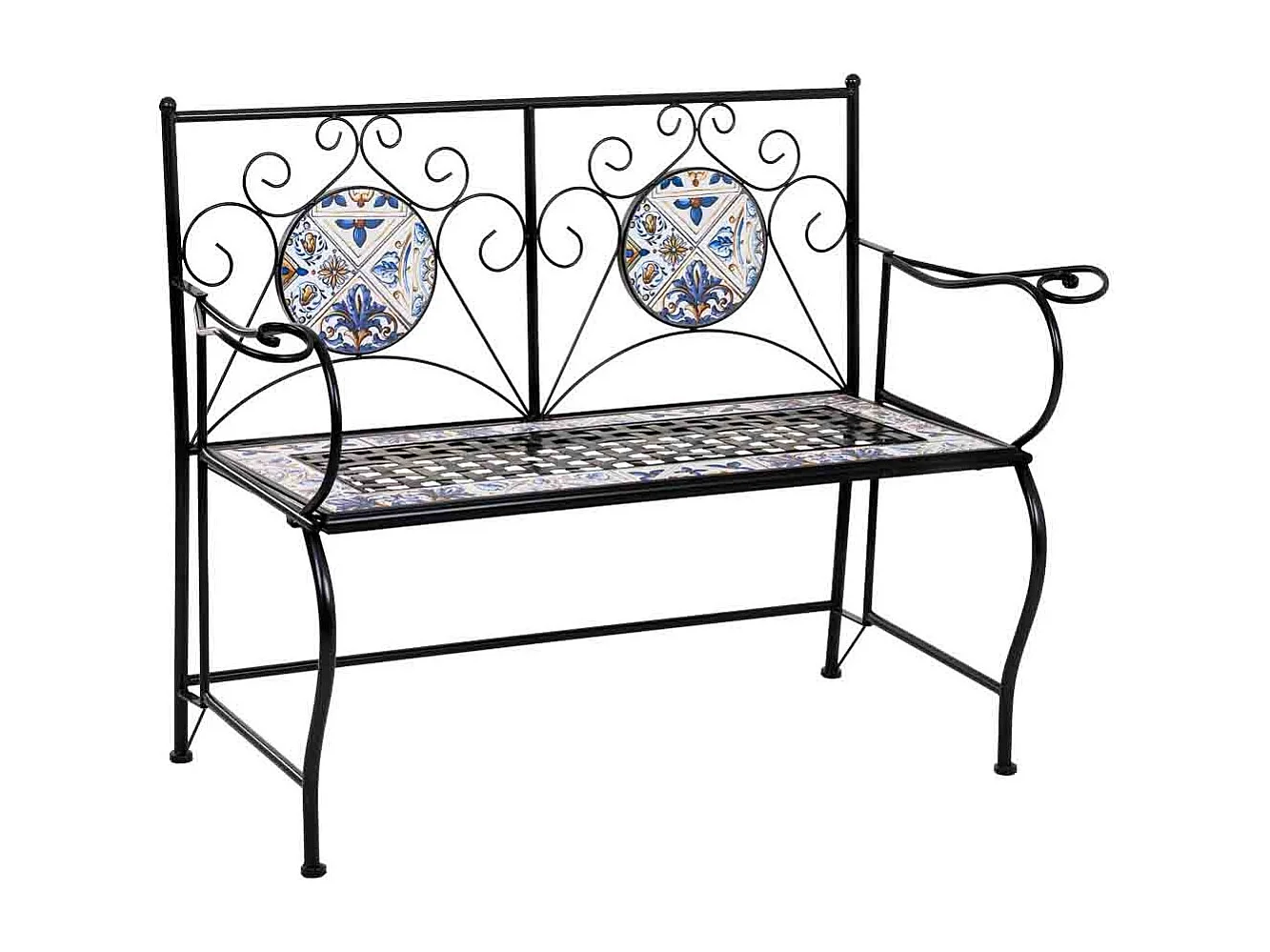 Banco em mosaico preto e ferro forjado 110x50x88h cm