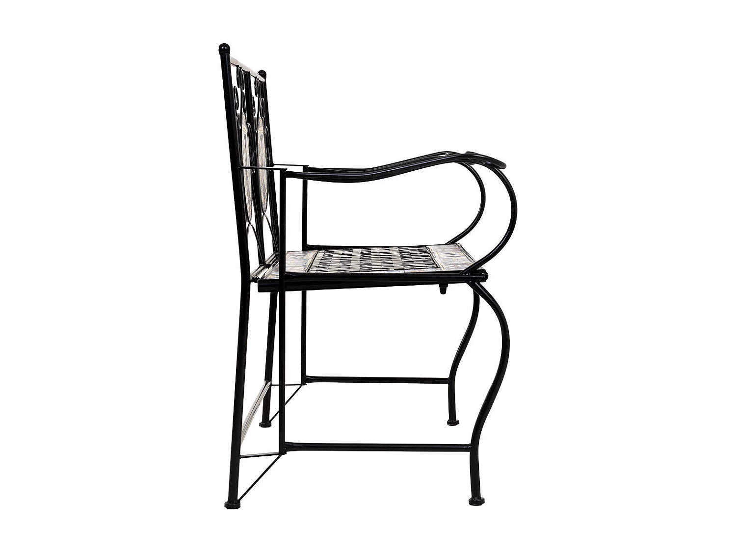 Banco em mosaico preto e ferro forjado 110x50x88h cm