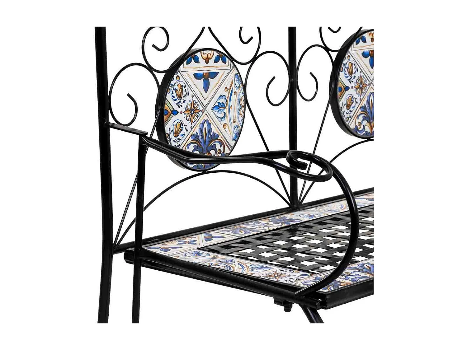 Banco em mosaico preto e ferro forjado 110x50x88h cm