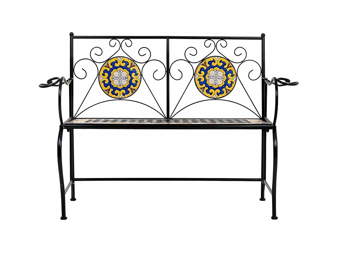 Banc en mosaïque noire et fer forgé 110x50x88h cm