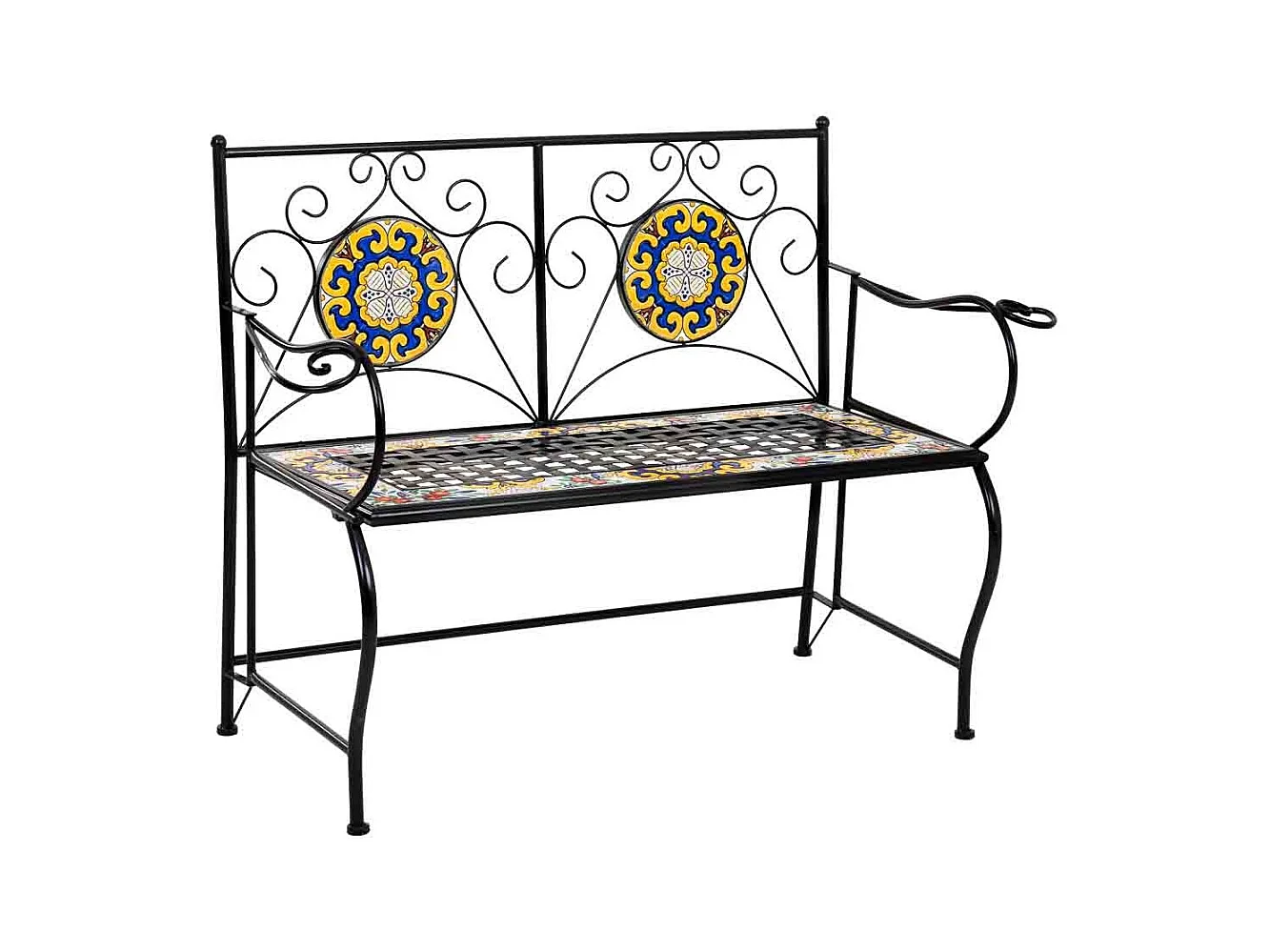 Banc en mosaïque noire et fer forgé 110x50x88h cm