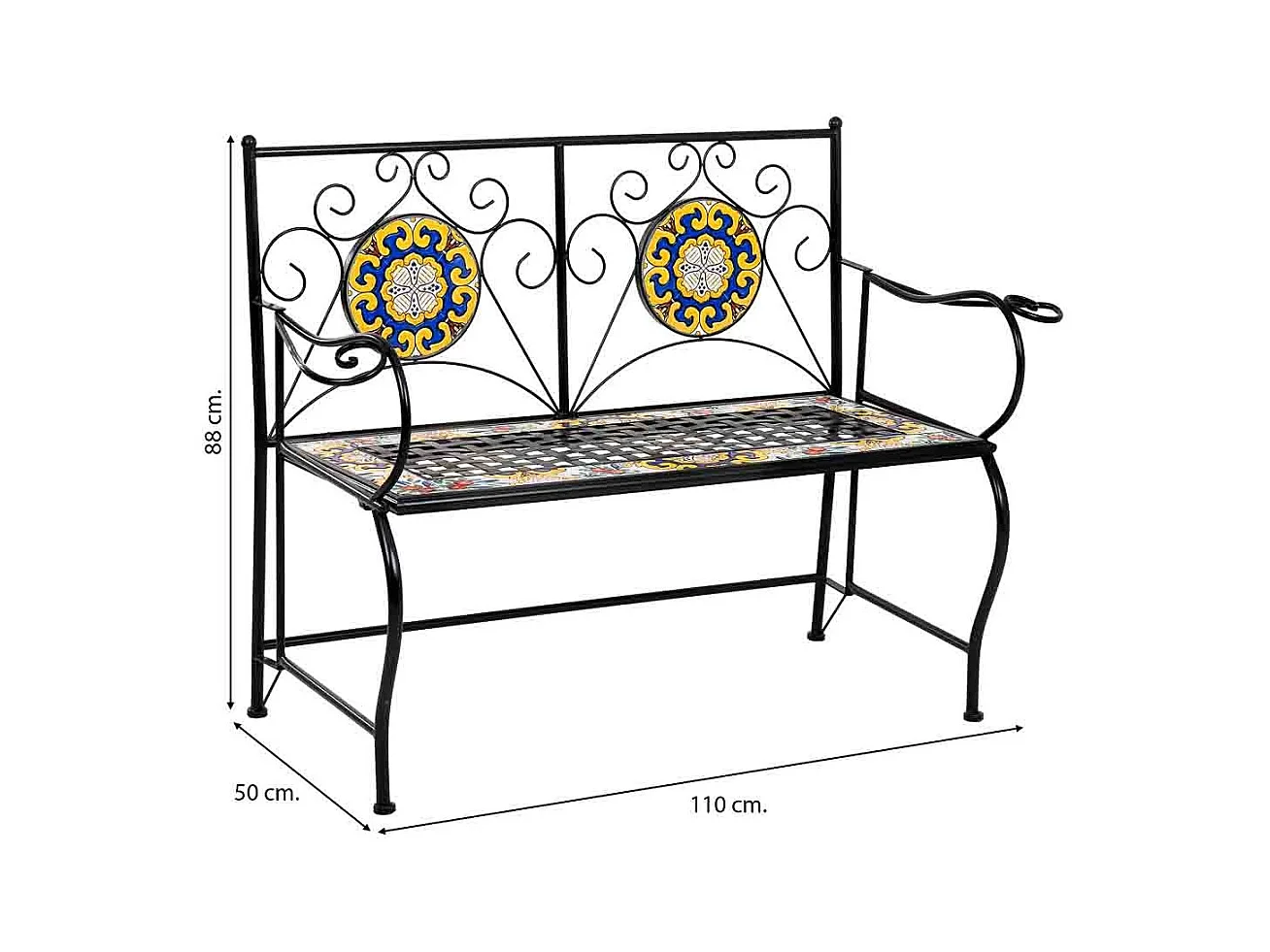 Banc en mosaïque noire et fer forgé 110x50x88h cm