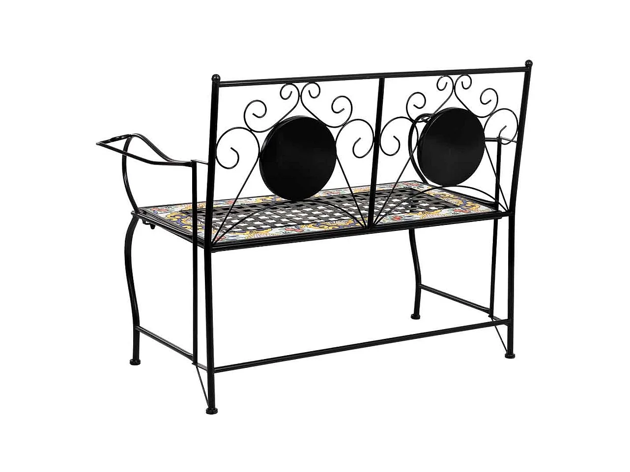 Banc en mosaïque noire et fer forgé 110x50x88h cm