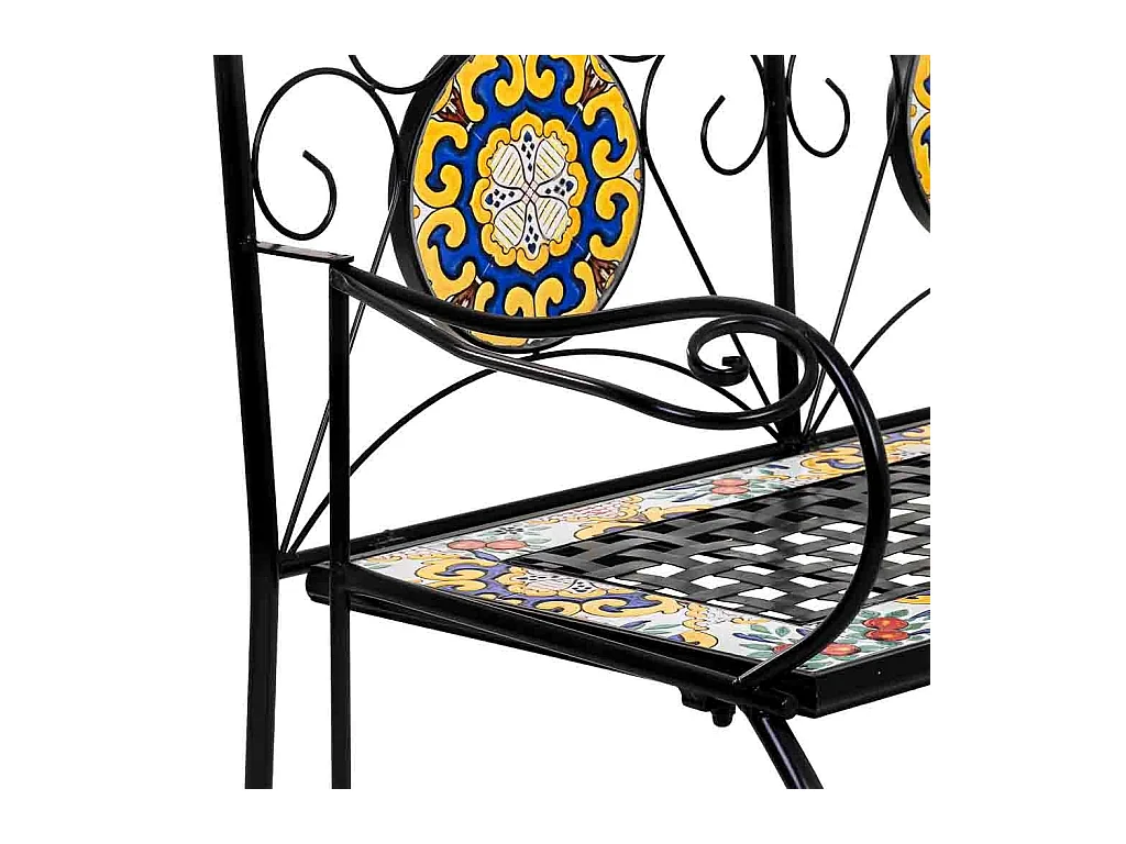 Banc en mosaïque noire et fer forgé 110x50x88h cm
