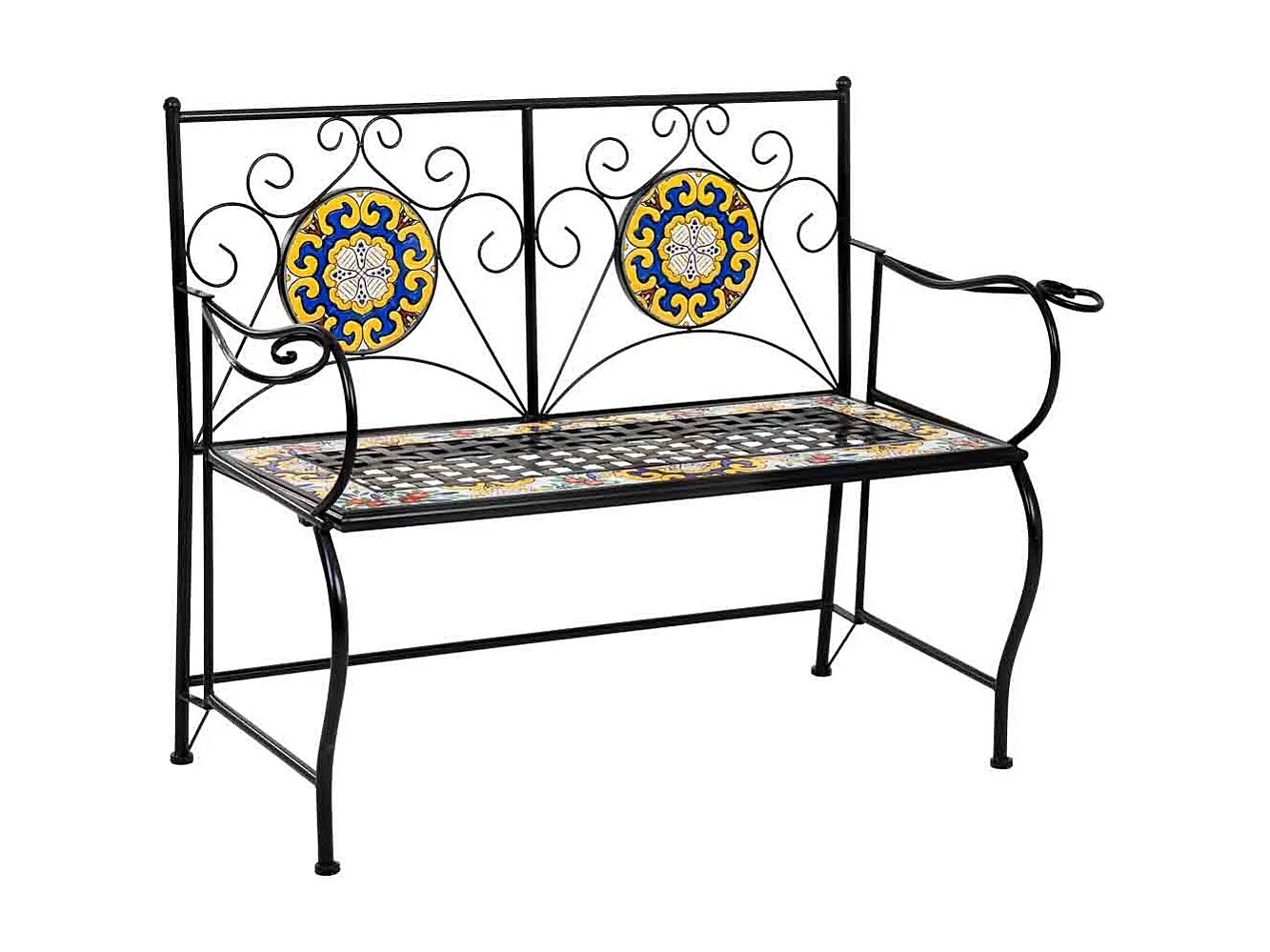 Banco em mosaico preto e ferro forjado 110x50x88h cm