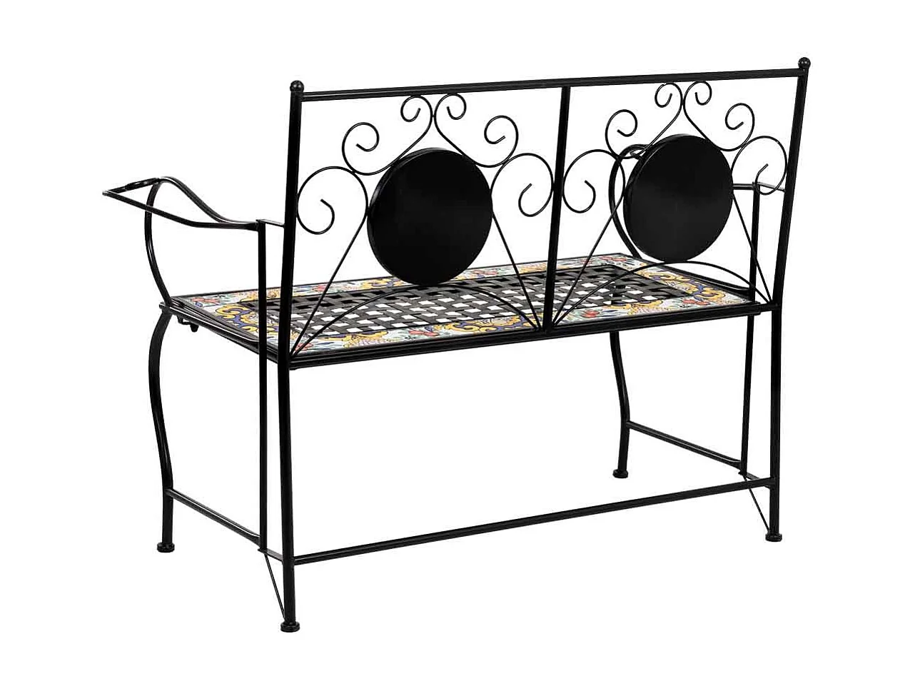 Banco em mosaico preto e ferro forjado 110x50x88h cm