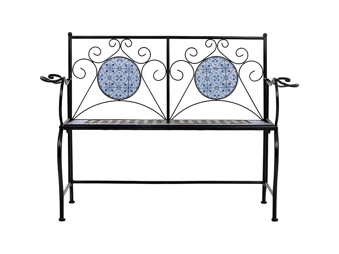 Banc en mosaïque noire et fer forgé 110x50x88h cm