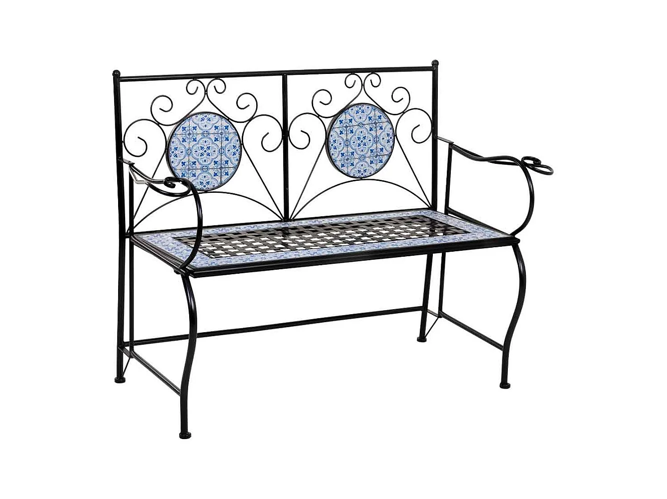 Banc en mosaïque noire et fer forgé 110x50x88h cm