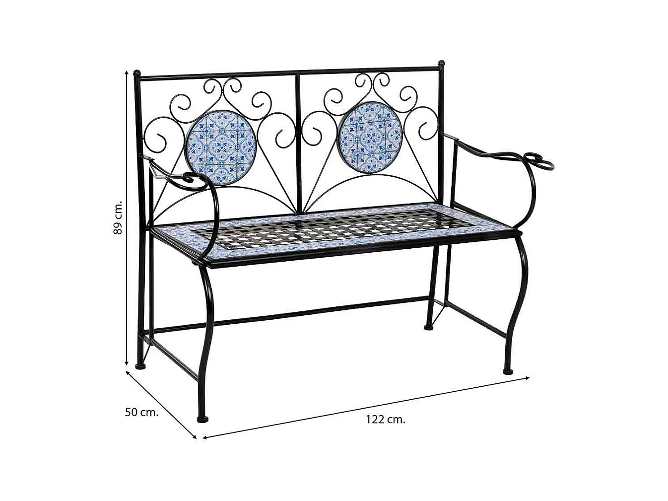 Banc en mosaïque noire et fer forgé 110x50x88h cm