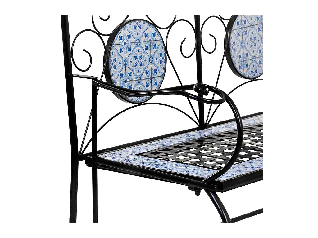 Banc en mosaïque noire et fer forgé 110x50x88h cm