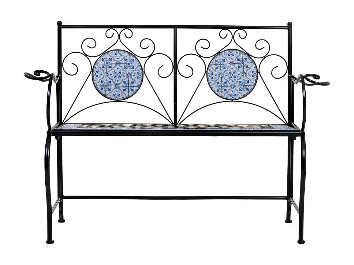 Banco em mosaico preto e ferro forjado 110x50x88h cm