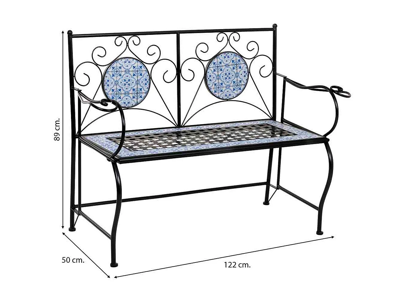 Banco em mosaico preto e ferro forjado 110x50x88h cm