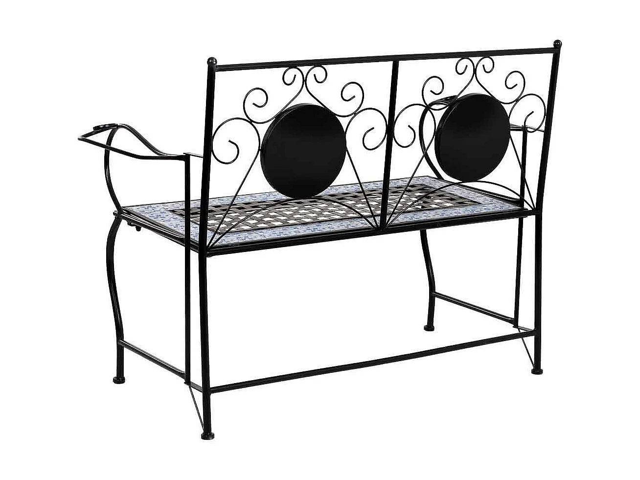 Banco em mosaico preto e ferro forjado 110x50x88h cm