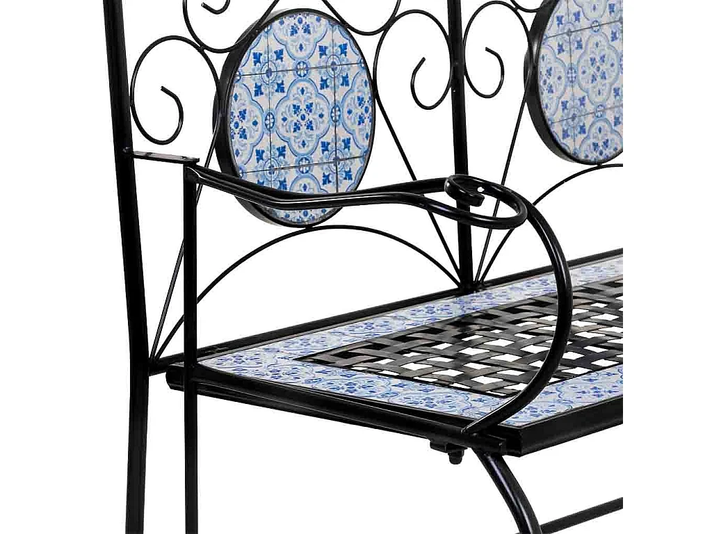 Banco em mosaico preto e ferro forjado 110x50x88h cm