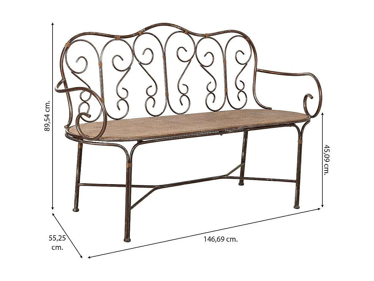 Banco em metal 146,69x55,25x45,09/89,54h cm