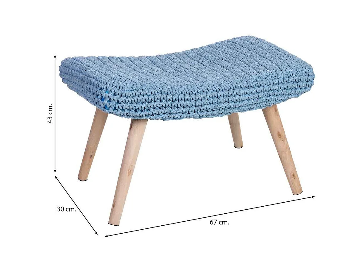 Banco em madeira e algodão entrançado azul 67x30x43h cm
