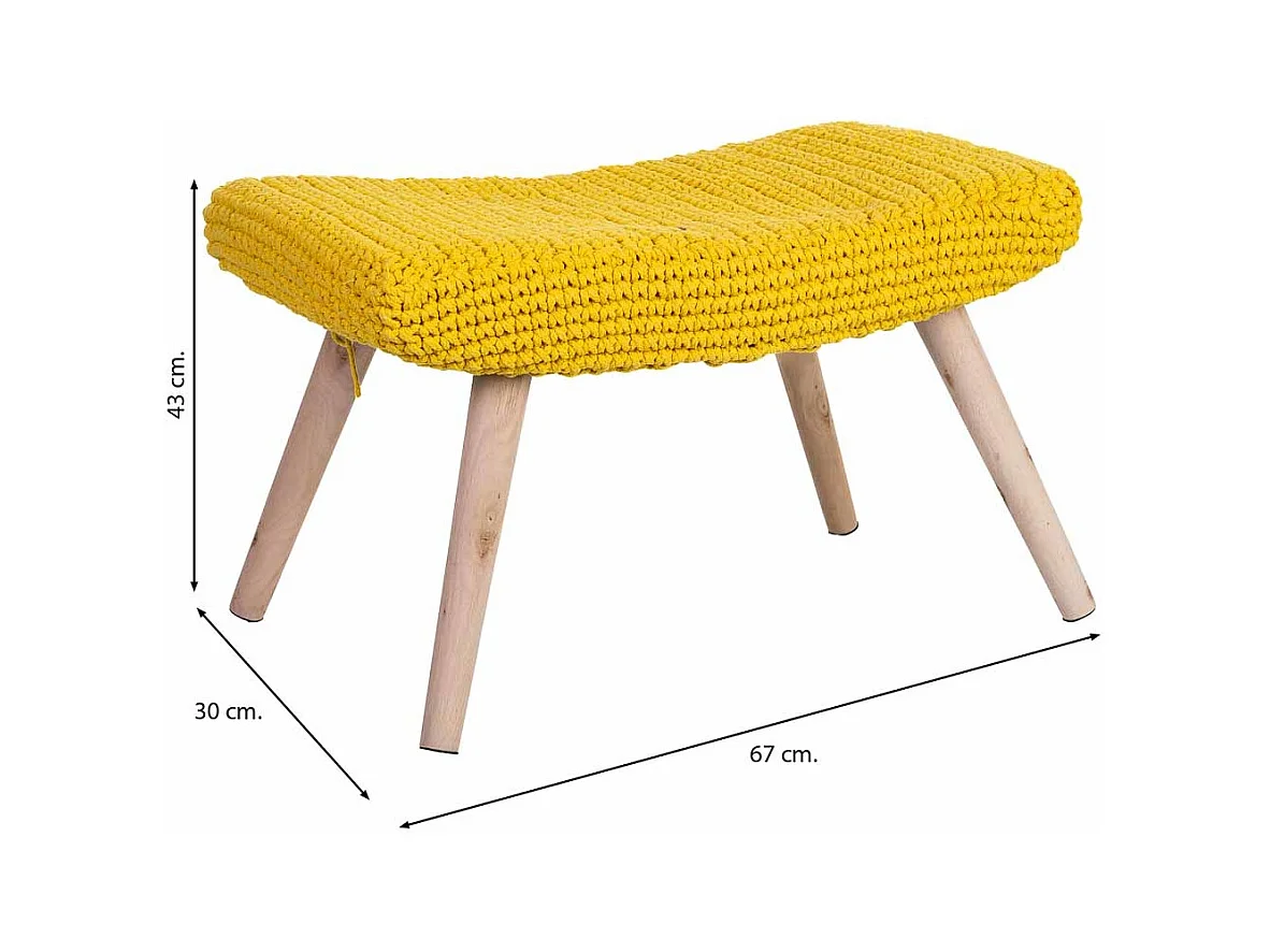 Banco em madeira e algodão entrançado amarelo 67x30x43h cm