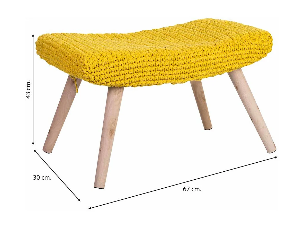 Banco em madeira e algodão entrançado amarelo 67x30x43h cm