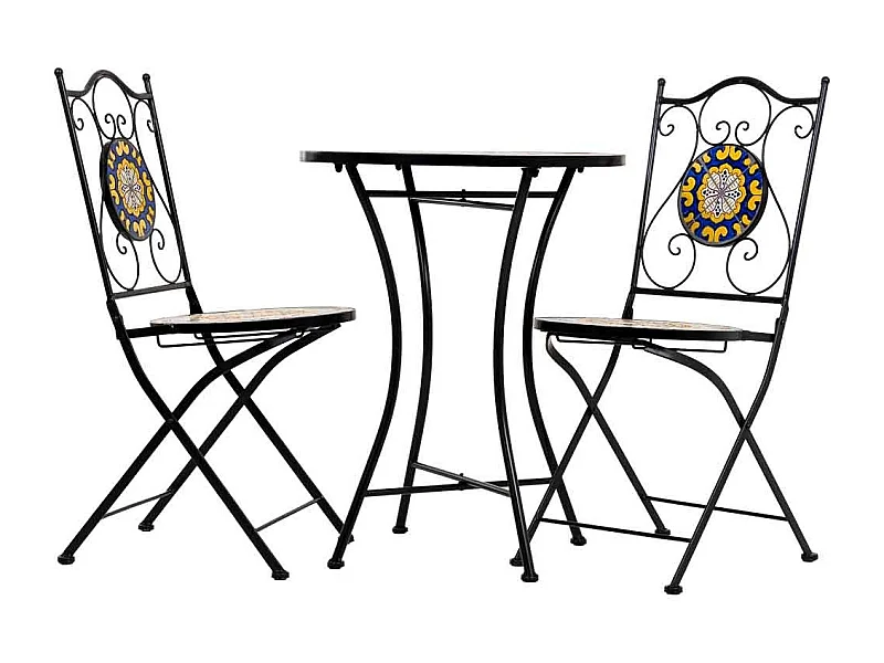 Conjunto de mesa e duas cadeiras em mosaico preto e ferro forjado mesa