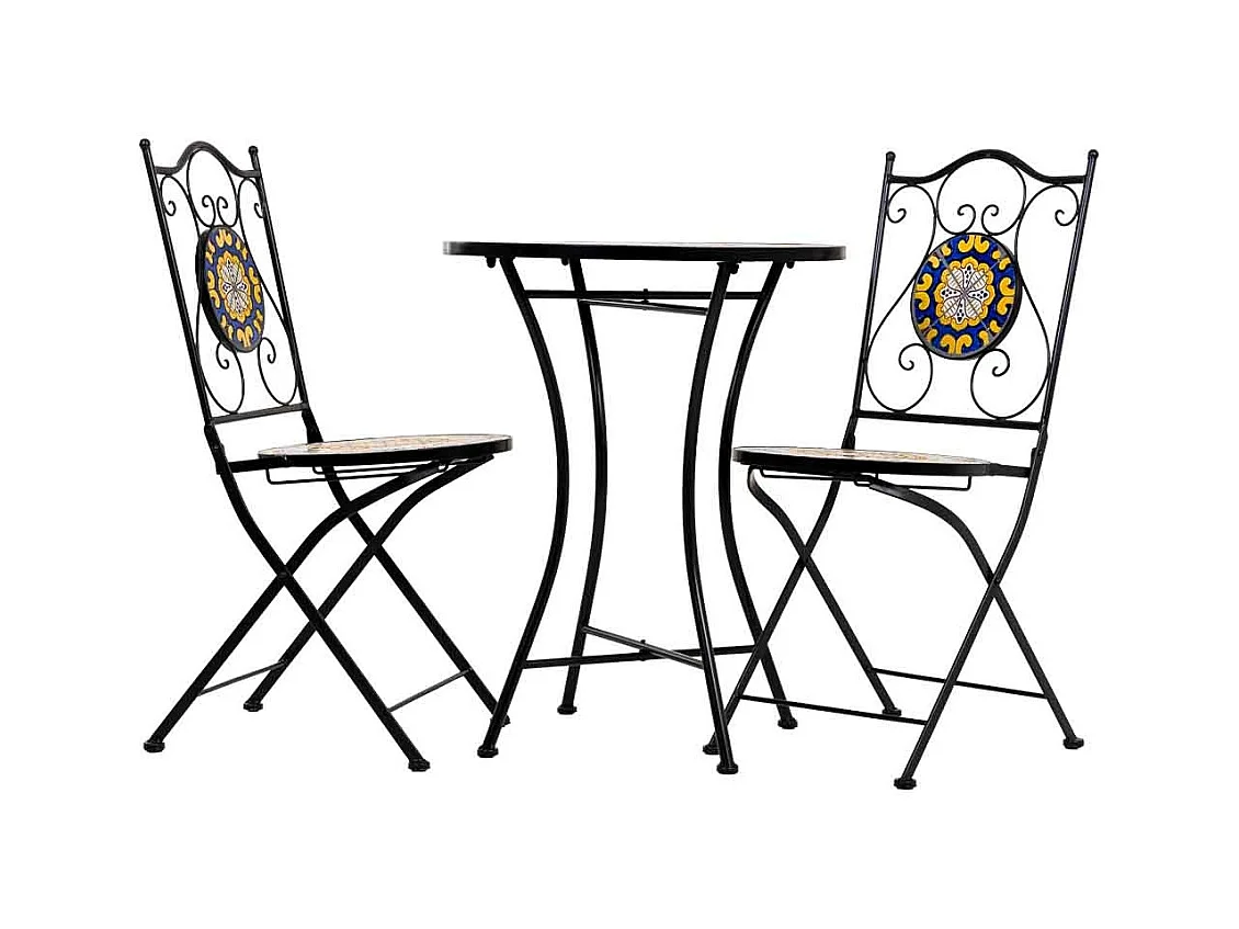 Conjunto de mesa e duas cadeiras em mosaico preto e ferro forjado mesa
