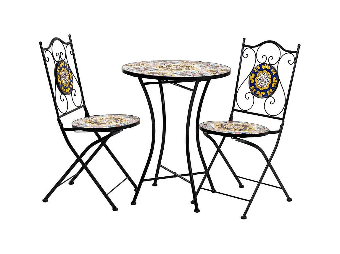 Conjunto de mesa e duas cadeiras em mosaico preto e ferro forjado mesa