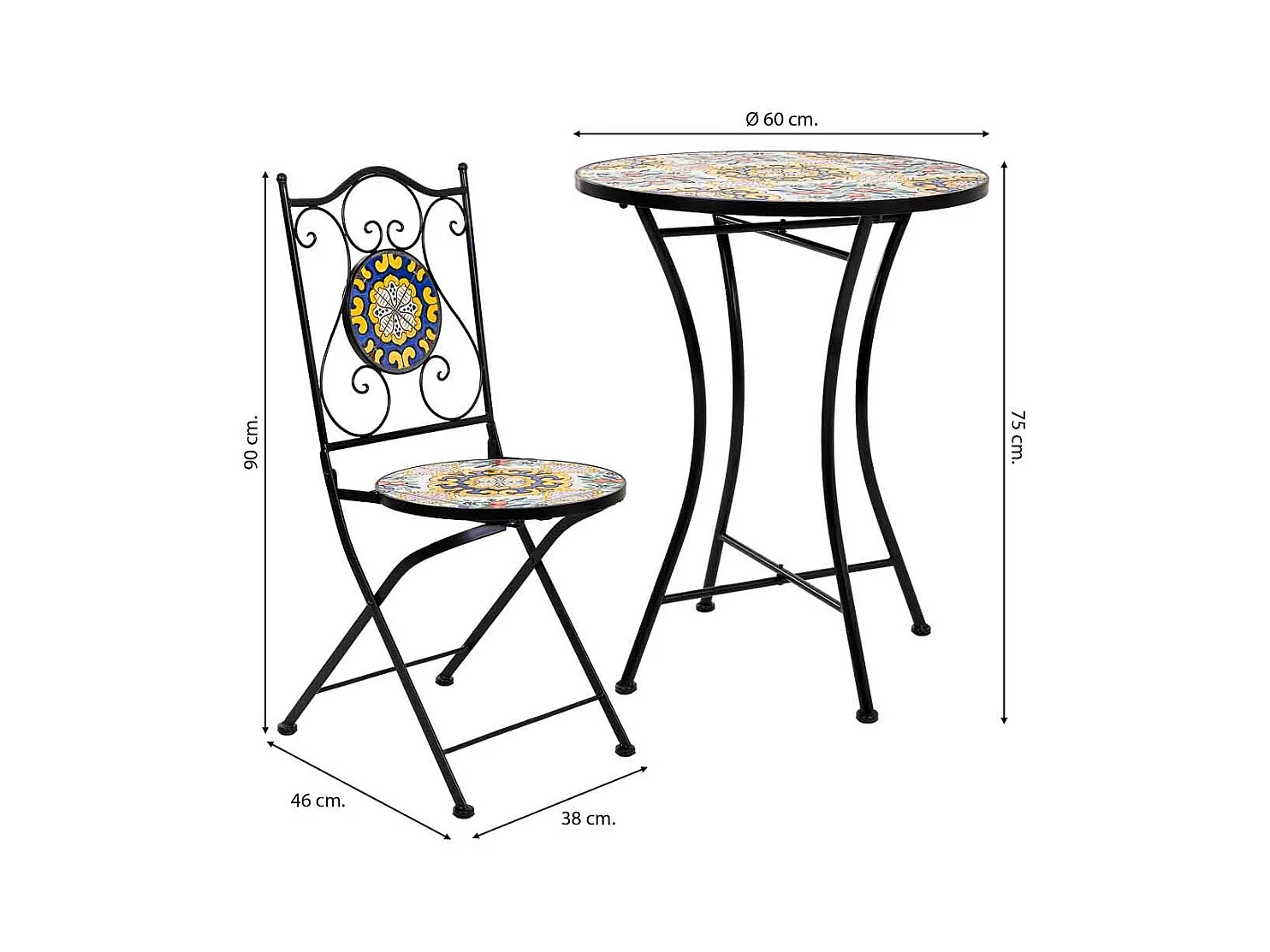 Conjunto de mesa e duas cadeiras em mosaico preto e ferro forjado mesa