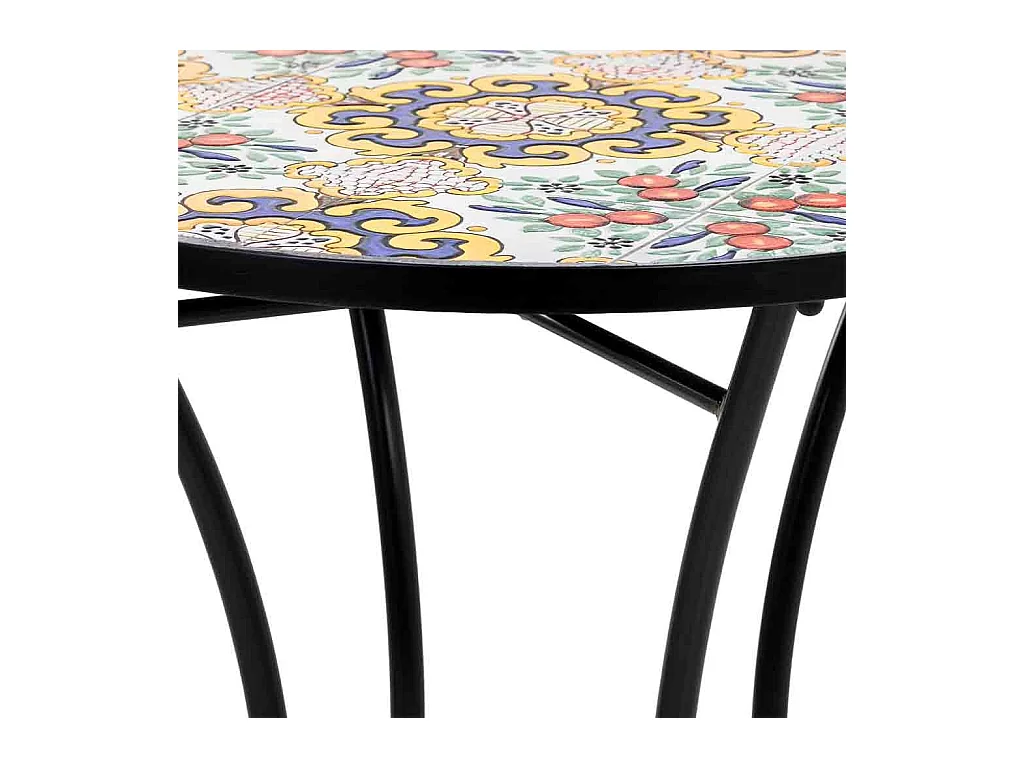 Conjunto de mesa e duas cadeiras em mosaico preto e ferro forjado mesa
