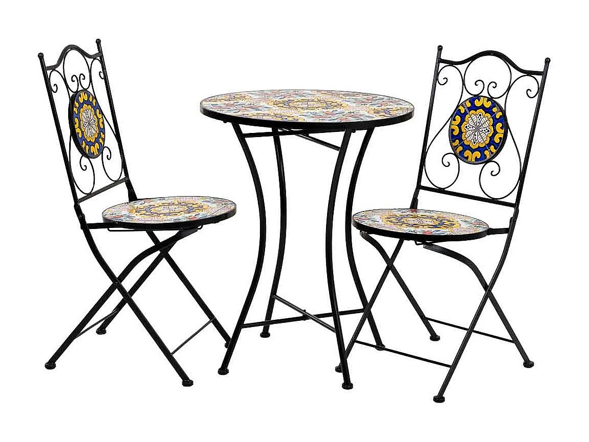 Conjunto de mesa e duas cadeiras em mosaico preto e ferro forjado mesa