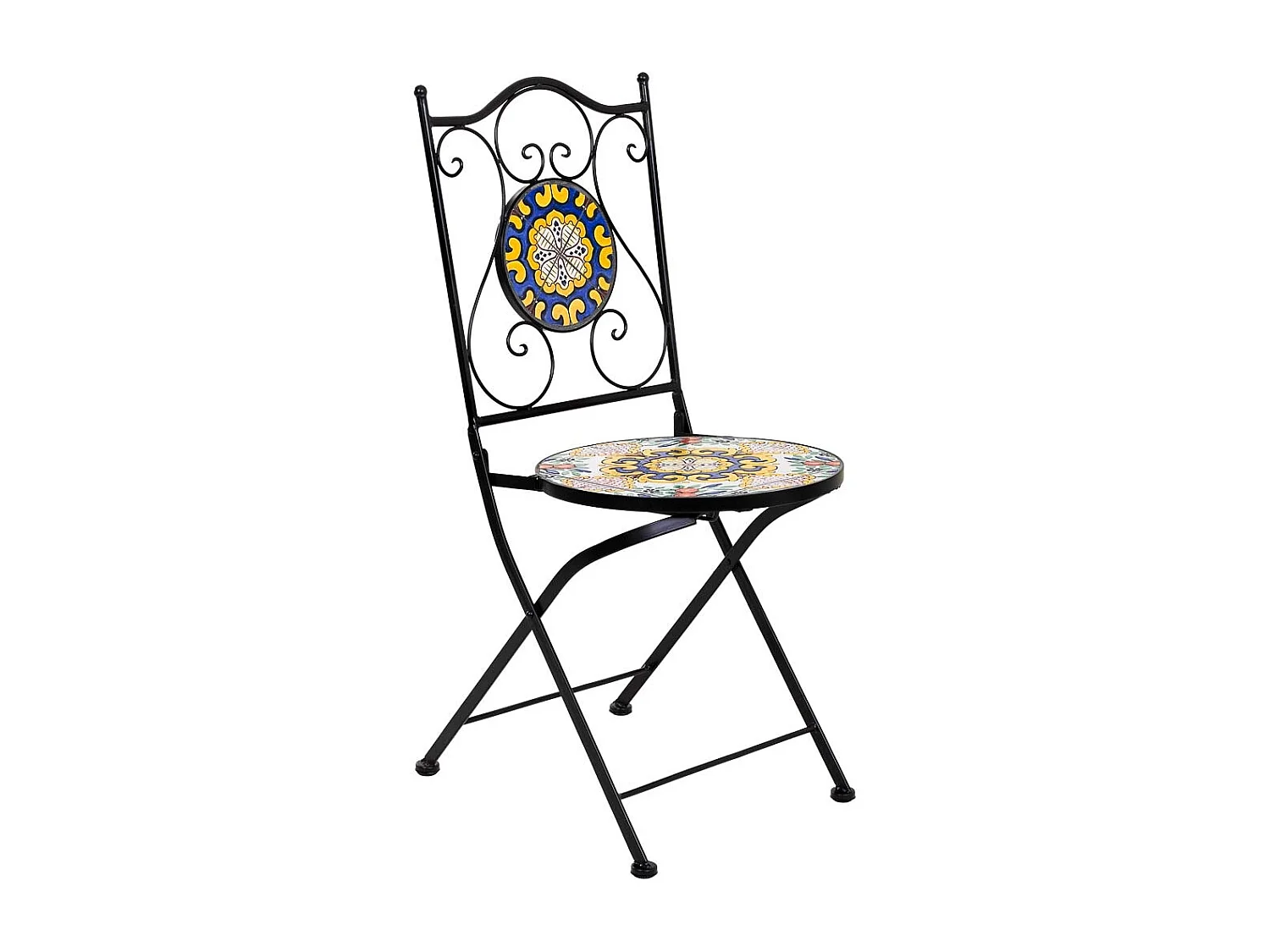 Conjunto de mesa e duas cadeiras em mosaico preto e ferro forjado mesa