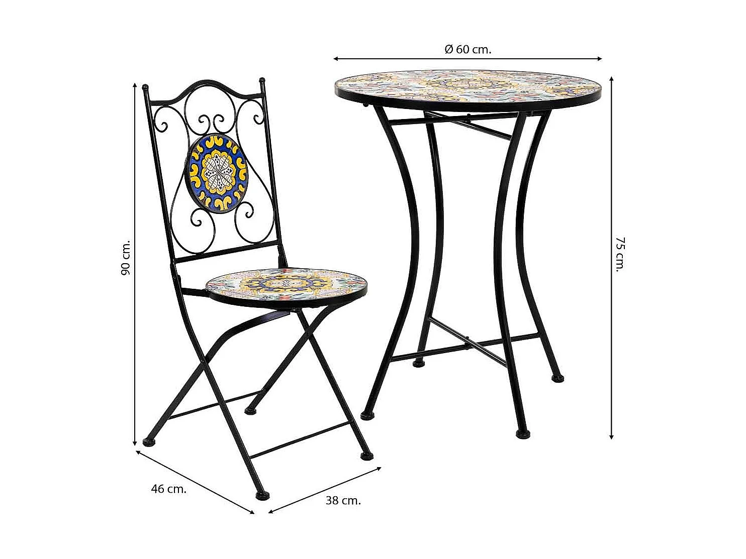 Set tavolo e due sedie in mosaico nero e ferro battuto tavolo: D60x75h - sedia (2): D38x46-90h