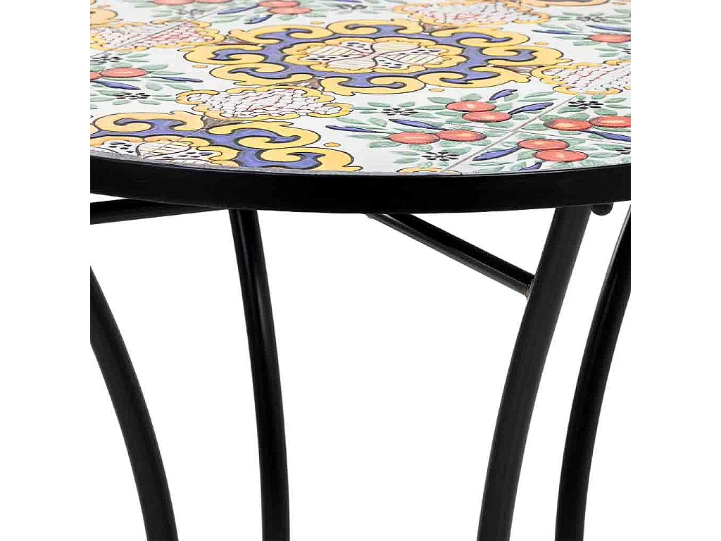 Set tavolo e due sedie in mosaico nero e ferro battuto tavolo: D60x75h - sedia (2): D38x46-90h