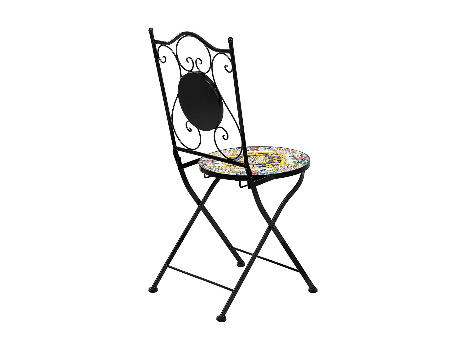 Set tavolo e due sedie in mosaico nero e ferro battuto tavolo: D60x75h - sedia (2): D38x46-90h