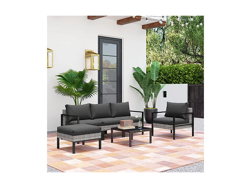 Ensemble salon de jardin 5 places 4 pièces coussins anthracite métal époxy noir résine tressée 2 fils gris