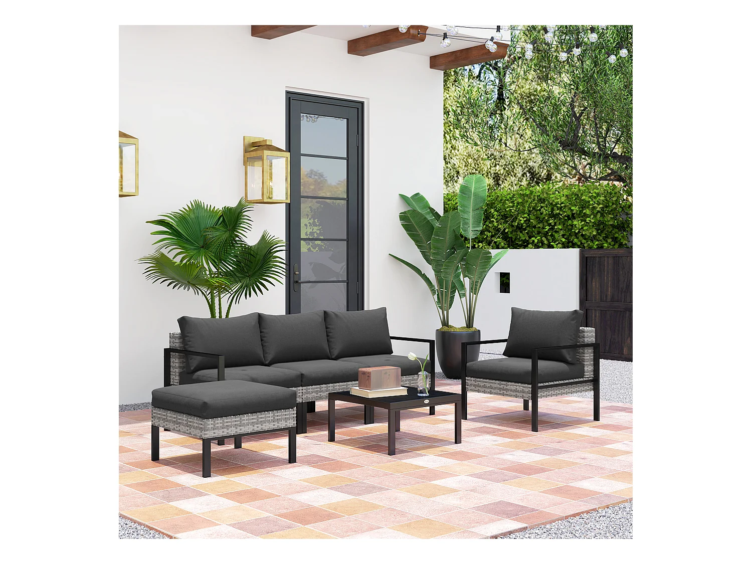 Ensemble salon de jardin 5 places 4 pièces coussins anthracite métal époxy noir résine tressée 2 fils gris