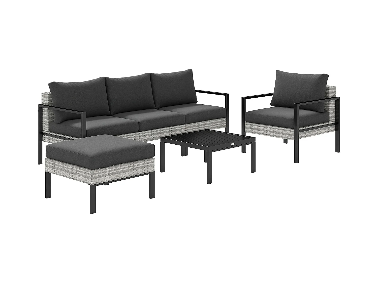 Ensemble salon de jardin 5 places 4 pièces coussins anthracite métal époxy noir résine tressée 2 fils gris